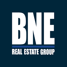 BNE Real Estate Group logo with large white letters 'BNE' and smaller text 'Real Estate Group' on a blue background.