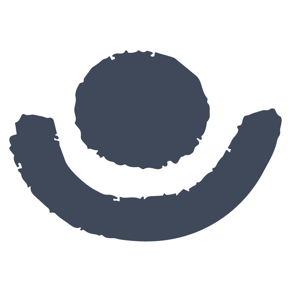 A blue, stylized smiley face with a circular head and a curved mouth.