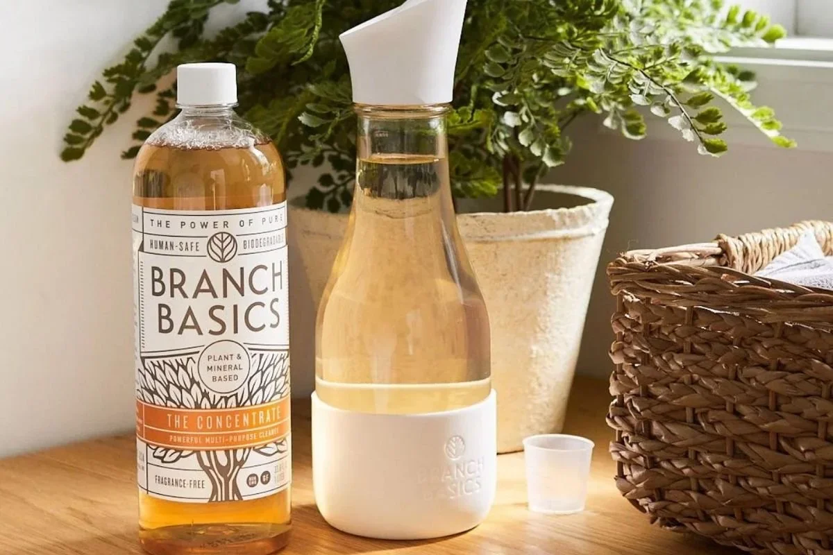 A glass bottle of Branch Basics cleaning concentrate, a spray bottle with a white base, a small cap, a potted plant with green foliage, and a woven basket on a wooden surface.