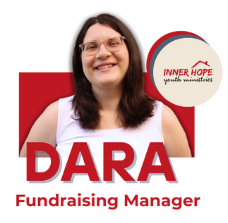 A woman smiling in front of a logo for Inner Hope Youth Ministries, with text that reads "Dara".