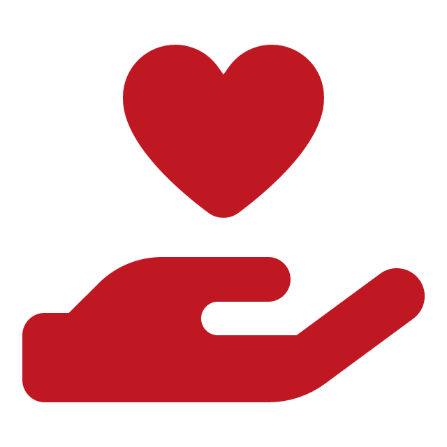 A red hand holding a red heart against a white background.
