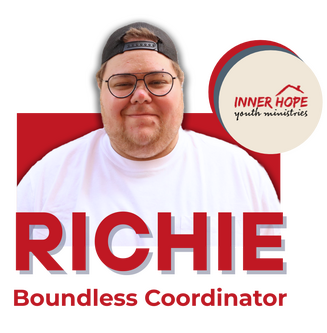 A smiling man wearing glasses, a black cap backwards, and a white t-shirt, standing in front of a logo for Inner Hope Youth Ministries. The name 'RICHIE' is written in large red letters at the bottom of the image.