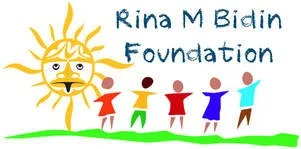 Logo for the Rina M Bidin Foundation featuring a smiling sun and five colorful children holding hands on a grassy field.