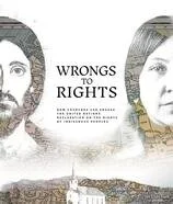 Book cover titled "Wrongs to Rights" featuring black and white illustrations of a man and a woman.