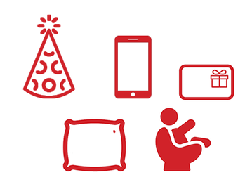 Holiday party hat, smartphone, gift box, pillow, person sitting on a toilet.