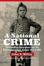 Black-and-white photo of a young girl with her hand on her hip, standing in front of a group of people, with a banner reading 'A National Crime' by John S. Milloy overlaid.