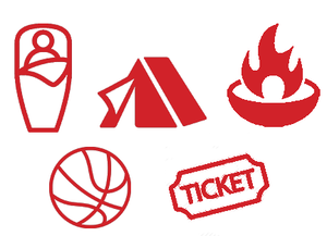 Icons of a person wrapped in blanket, tent, campfire, basketball, and ticket.