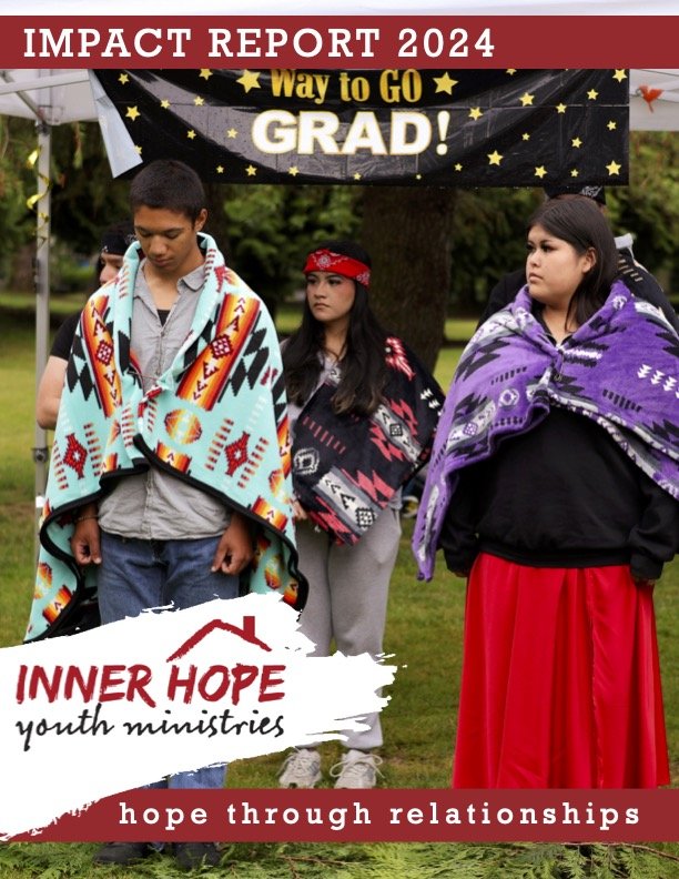 Young people wrapped in colorful blankets attending an outdoor graduation event under a banner that says "Impact Report 2024" and "Way to Go Grad!"; A sign for Inner Hope youth ministries with the slogan "hope through relationships."