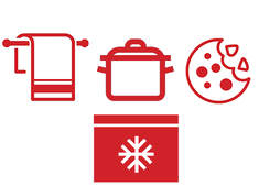 Icons of a towel, cooking pot, pizza, and a snowflake symbol on a red background