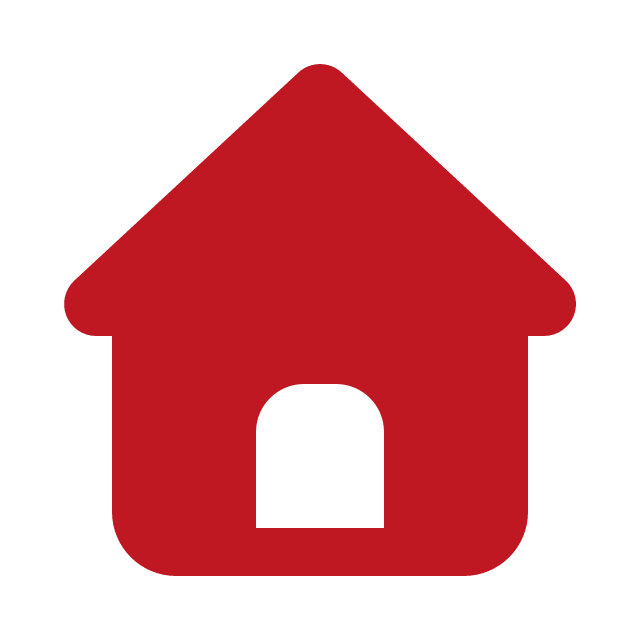 Red house-shaped sign with a black opening in the center.