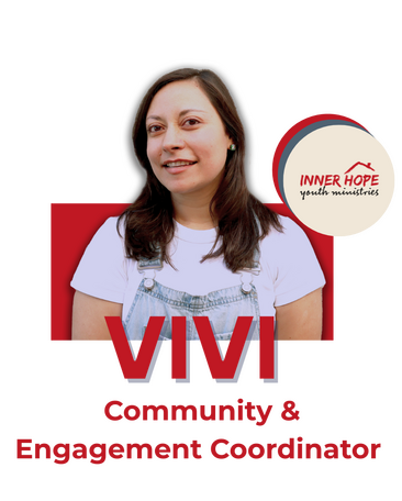 A woman smiling, wearing a white t-shirt and denim overalls, standing in front of a black background with a red and white logo that reads 'Inner Hope Youth Ministries' and text that says 'VIVI Community & Engagement Coordinator'.