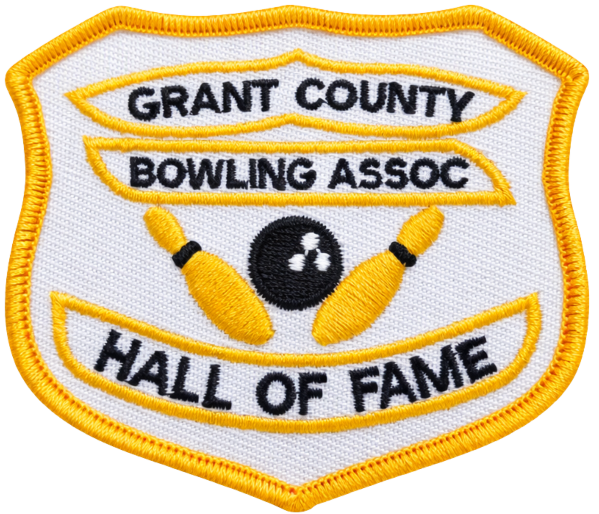 Embroidered patch of the Grant County Bowling Association Hall of Fame, with two yellow bowling pins crossed behind a black bowling ball and text in black and yellow.