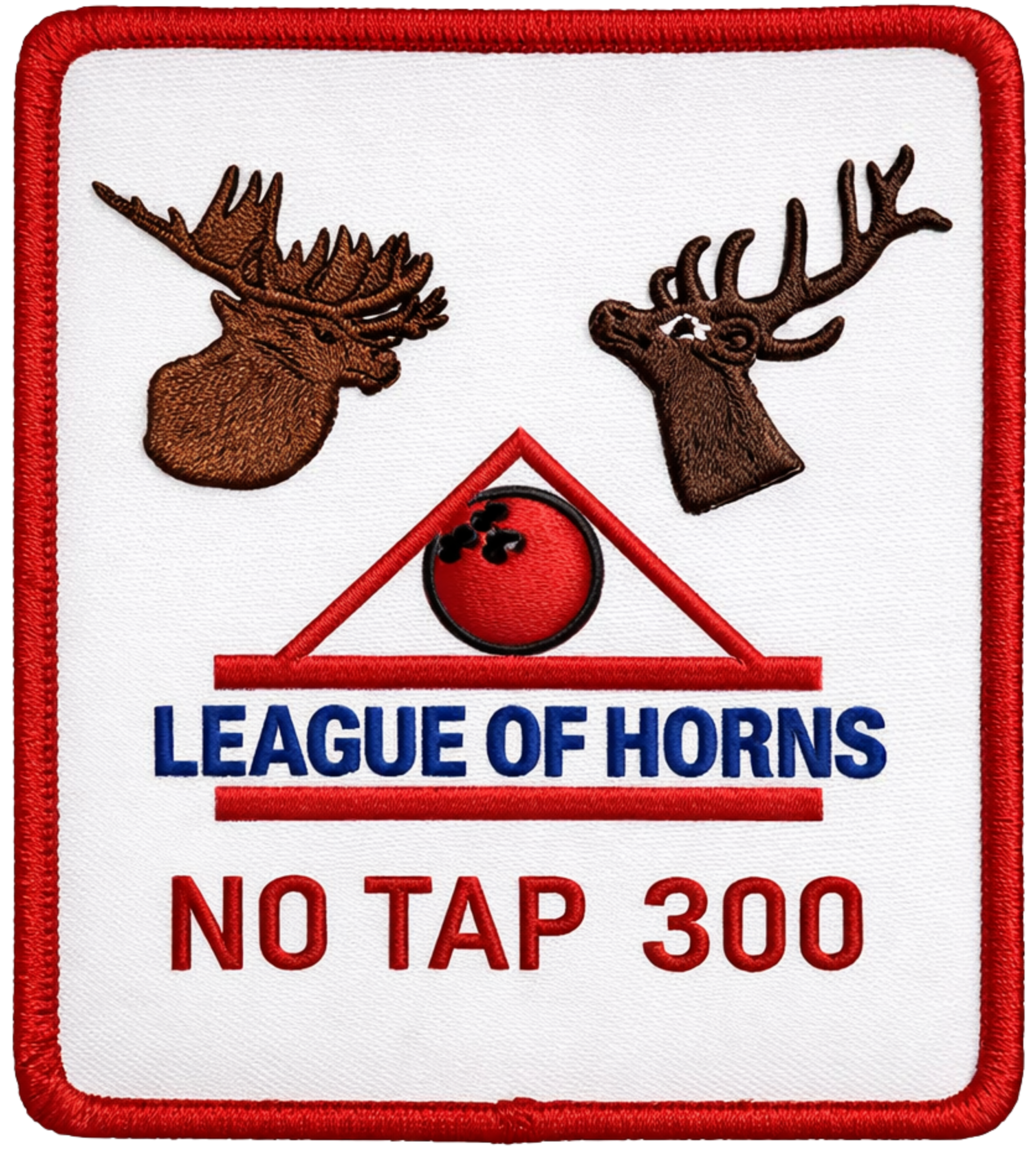 Embroidered patch featuring two moose heads, a red ball, a red triangle outline, and the text "LEAGUE OF HORNS" in blue above a red line, and "NO TAP 300" in red below, with a red border.