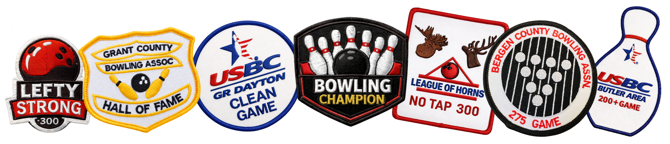 Collection of embroidered patches related to bowling, featuring various designs and texts such as 'Lefty Strong', 'Hall of Fame', 'USBC Dayton', 'Bowling Champion', 'League of Horns', 'No Tap', and 'Butler Area'.