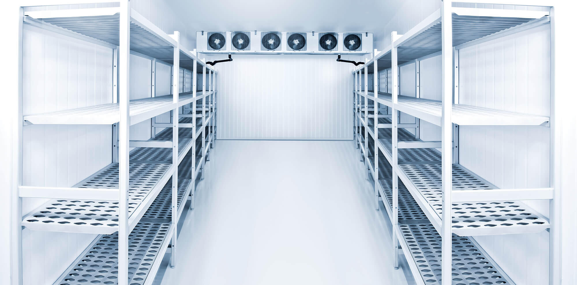 Empty cold storage room with white metal shelving units and a refrigeration system at the top, designed for storing perishable items.