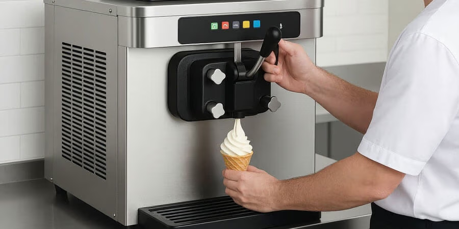 A person in a white shirt using an ice cream machine to dispense soft serve ice cream into a cone.