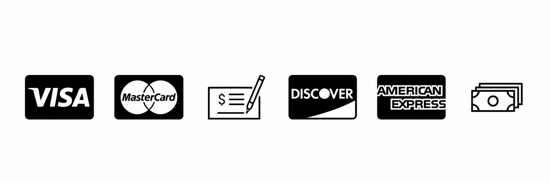 Black icons representing various payment options including Visa, MasterCard, a check, Discover, American Express, and cash.