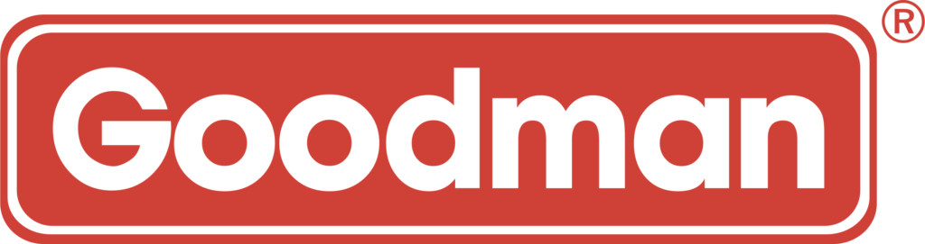 Red rectangle with rounded corners and black outline, containing the white text 'Goodman' and a small registered trademark symbol in the top right corner.