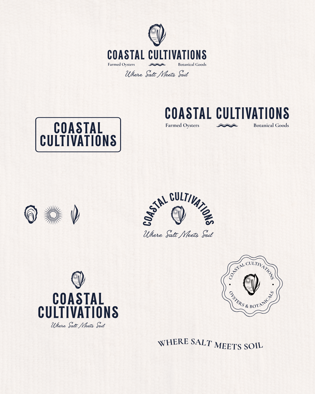 Collection of Coastal Cultivations logos and labels featuring shells, sun, salt, and botanical motifs with the slogan "Where Salt Meets Soil"