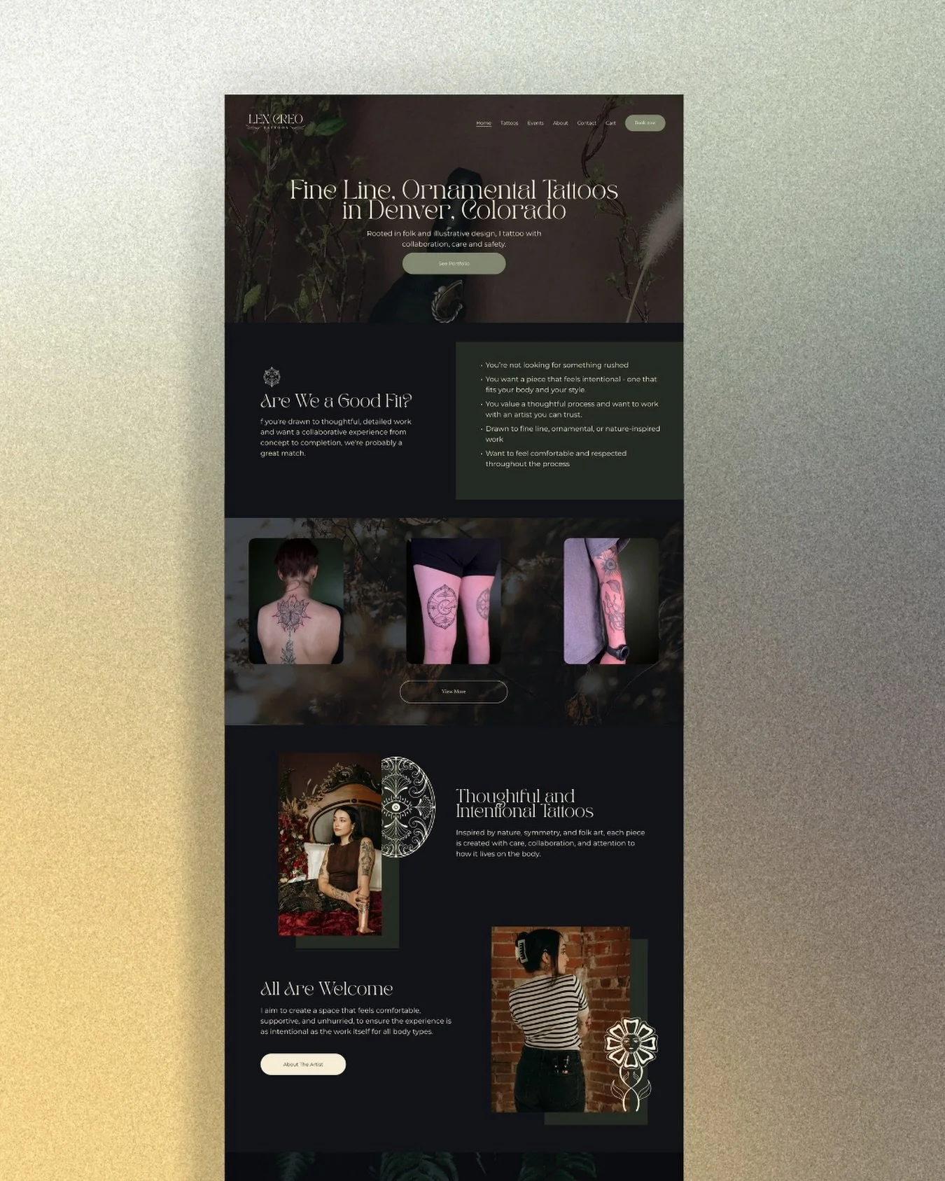 Homepage sneak peak!! 

@lexcreotattoos first ever website is almost here 💻

Dark, botanical, intentional. Her site is designed to showcase her style/work, attract the right clients and make the booking process as easy as possible. 

The launch is c