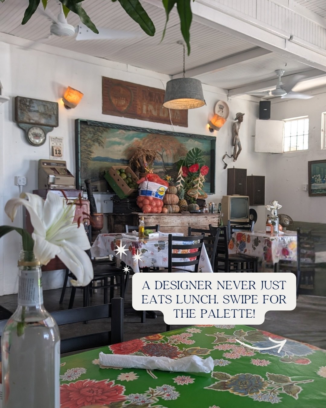 A designer never just eats lunch.😮&zwj;💨

A few weeks ago, I walked into La Casita Blanca in Puerto Rico and immediately started thinking in hex codes.

The pops of green, charcoal in the tin, market red blooming on the tablecloth, amber light spil