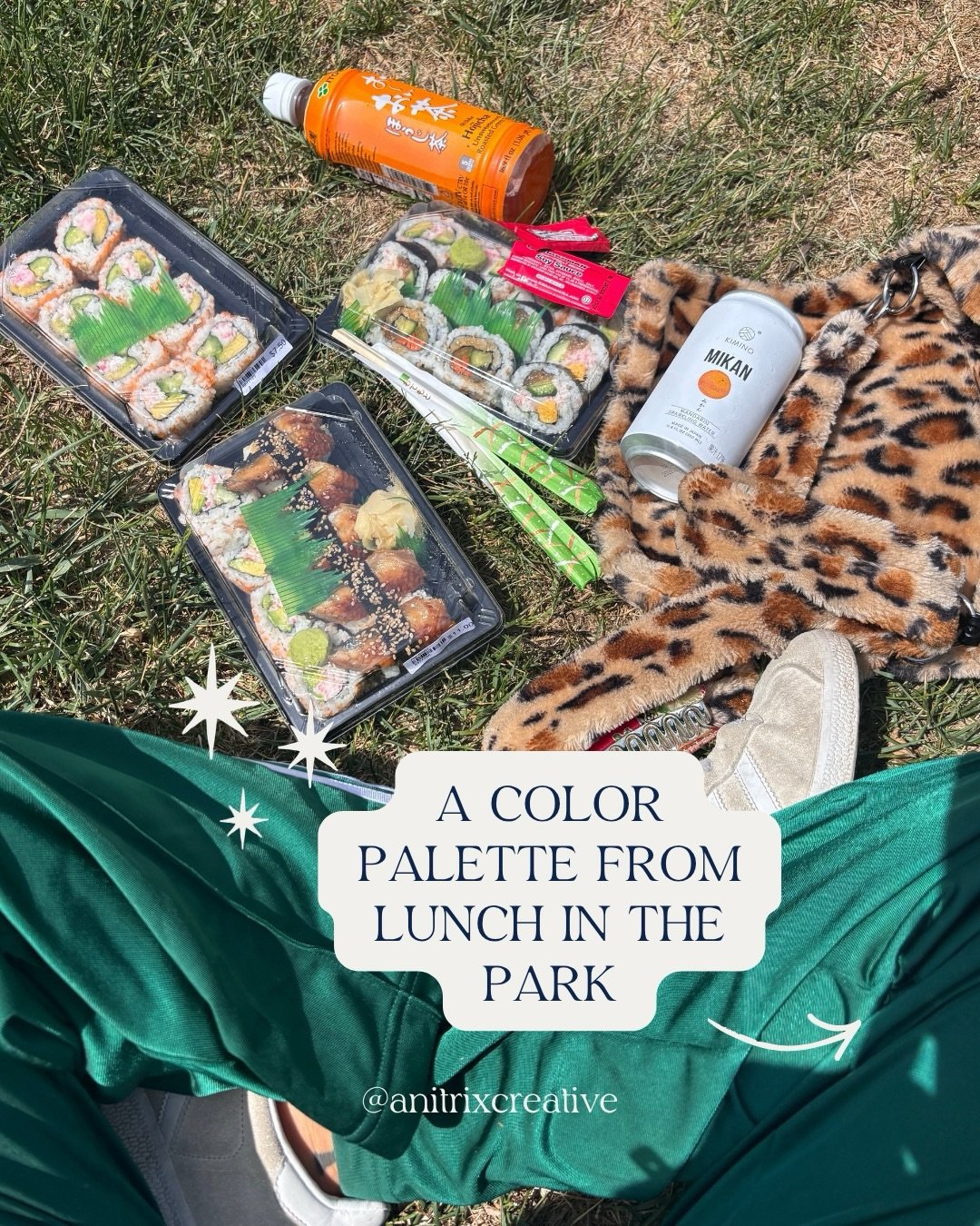 I went to the park to eat my sushi. Came home with a palette. 🤷🏽&zwj;♀️

The thing about pulling colors from real life is that they already know how to be together, they&rsquo;ve been negotiated by sunlight, grass, lunch, and a cheetah bag I refuse