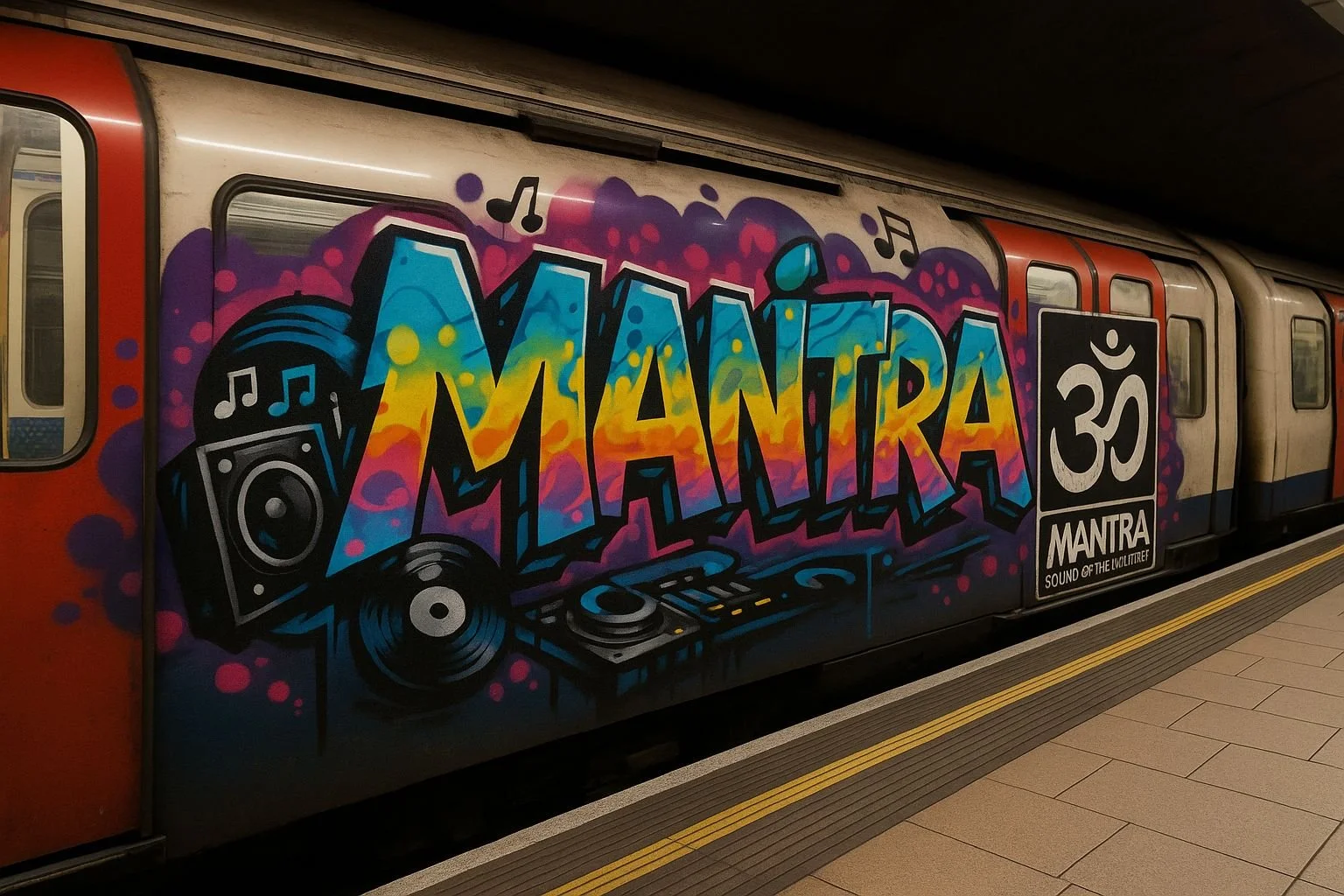 Graffiti on a subway train featuring the words "Mantra" in bold, colorful letters with musical notes, a speaker, and a DJ turntable illustration, and a black and white sign with the Om symbol and the text "MANTRA sound of the low litter".
