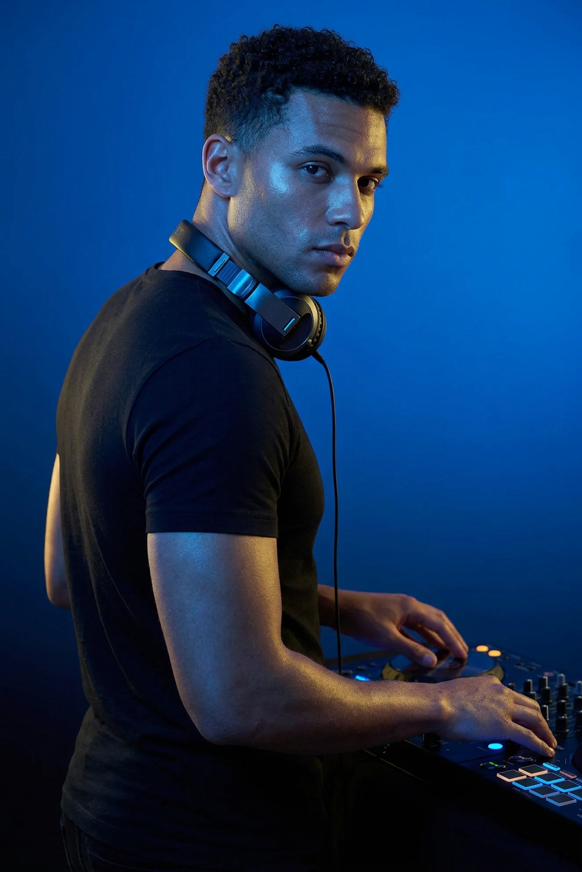 A young man with short curly hair wearing a black T-shirt and headphones around his neck, standing in front of a blue background, using a DJ controller.