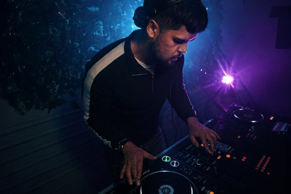 DJ wearing headphones mixes music on a DJ console in a dark, colorful nightclub with purple and blue lighting.