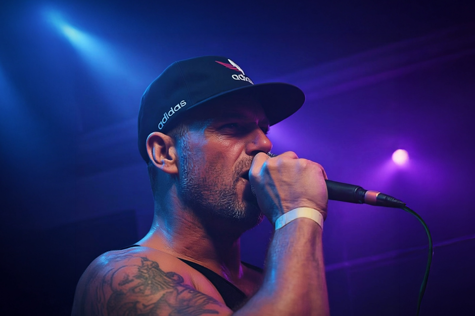 A man wearing a black Adidas cap with a colorful logo, holding a microphone, appears to be singing or performing on stage with purple and blue lighting.