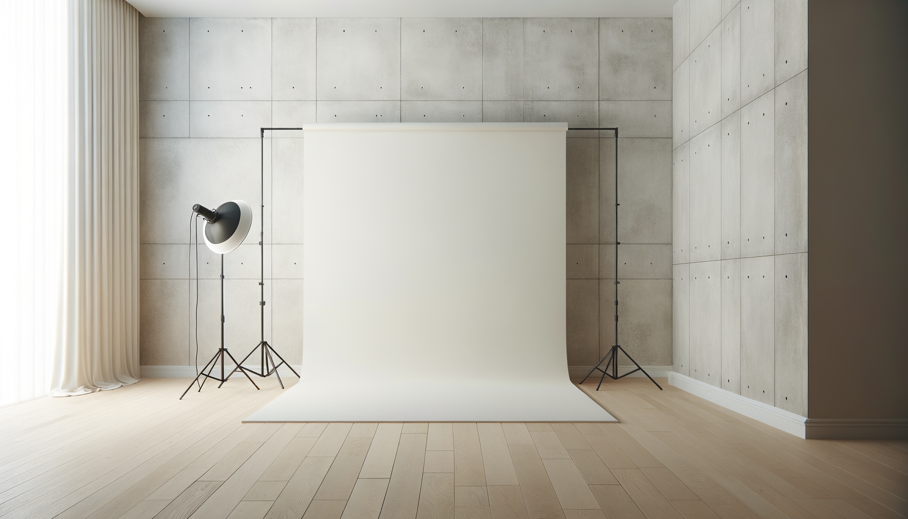 A photography studio setup with a white backdrop, two black tripod light stands, and a black and white studio light on the left, inside a room with a concrete wall, light wood flooring, and cream curtains on the left side.