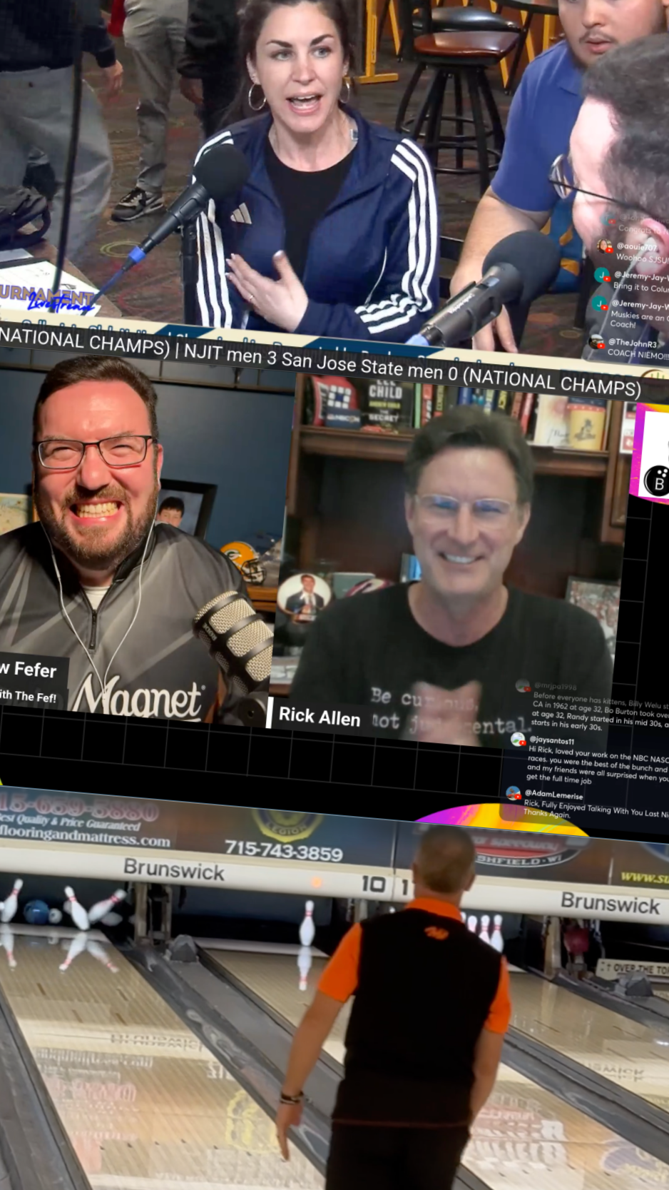 A woman is speaking passionately into a microphone, with two men smiling on a video call. Below, a man is standing at a bowling alley, about to bowl, with bowling pins visible and the score showing Brunswick 10, San Jose 1.