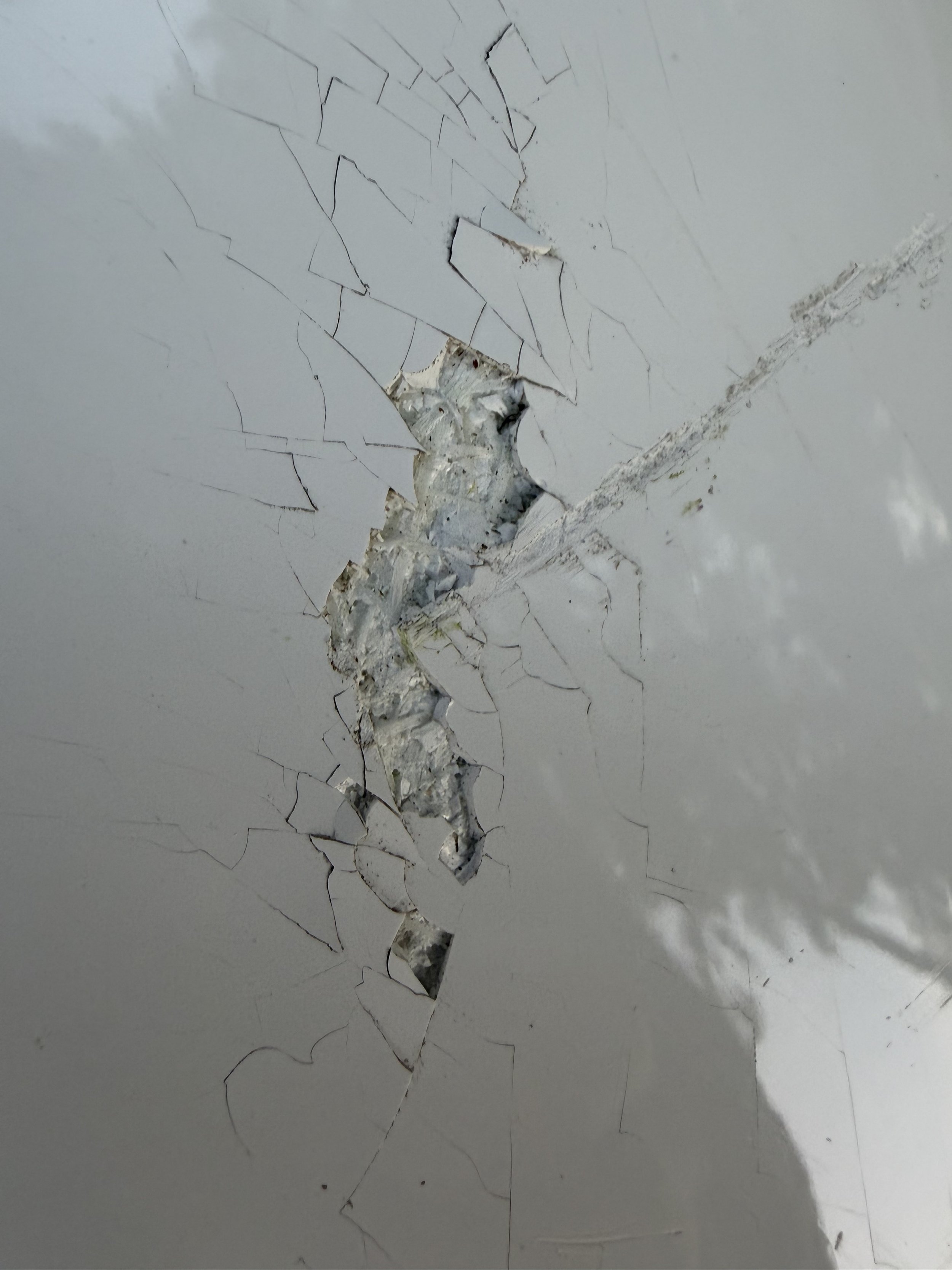 Close-up of a cracked and peeling white painted ceiling.