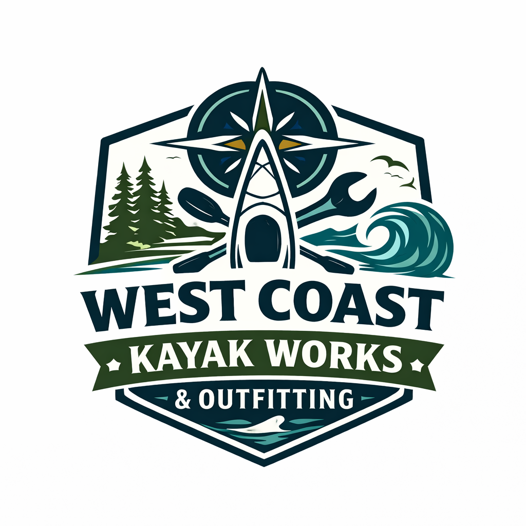 Logo for West Coast Kayak Works & Outfitting featuring a kayak, compass, trees, wave, and seagulls.
