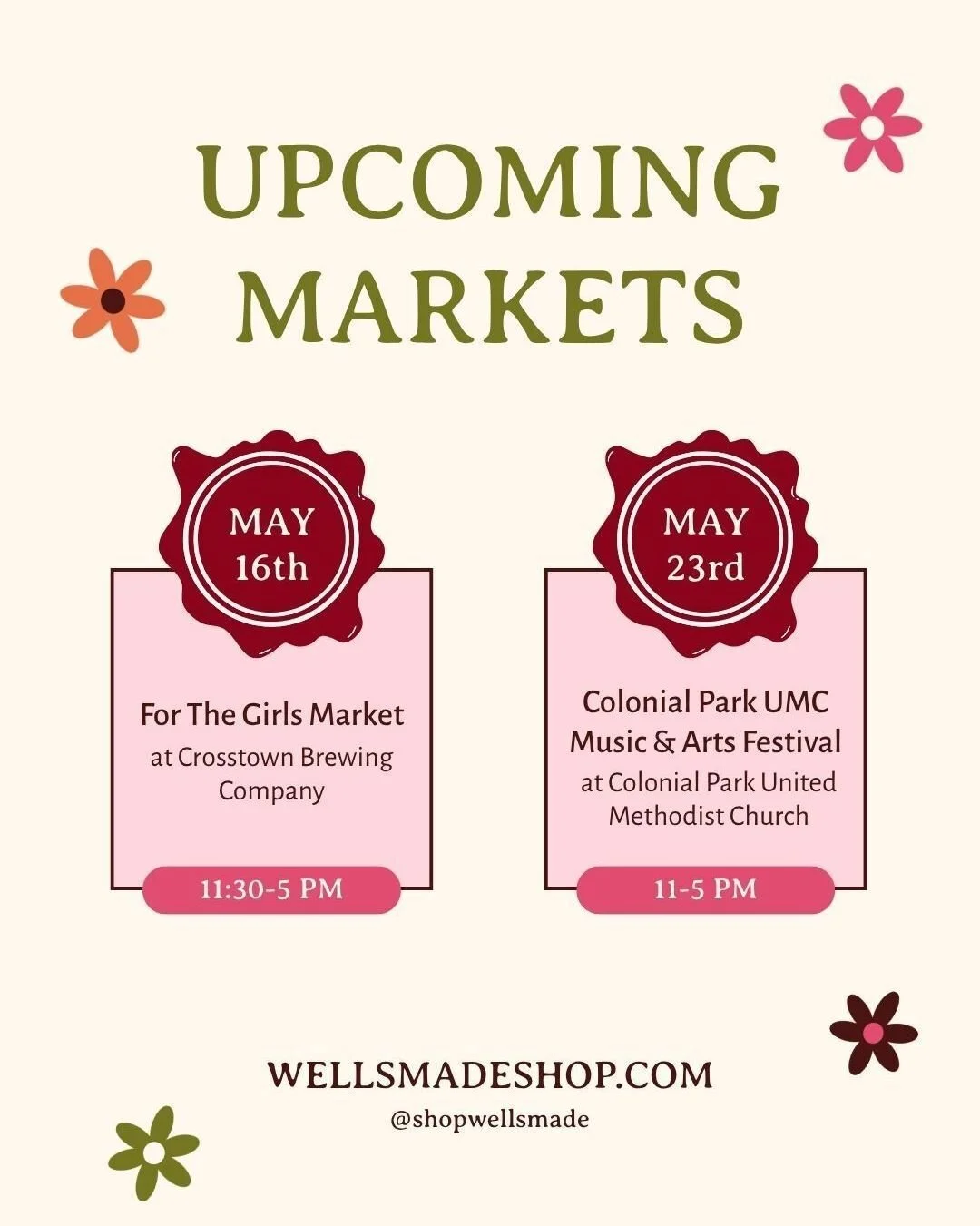 Mark your calendars! I've got some great markets coming up and would love to see you there! ✨️

🛍️ May 16 - For the Girls Market at Crosstown Brewing Company 
🎡 May 23 - Colonial Park UMC Music &amp; Arts Festival 

Can't wait for you to see all th