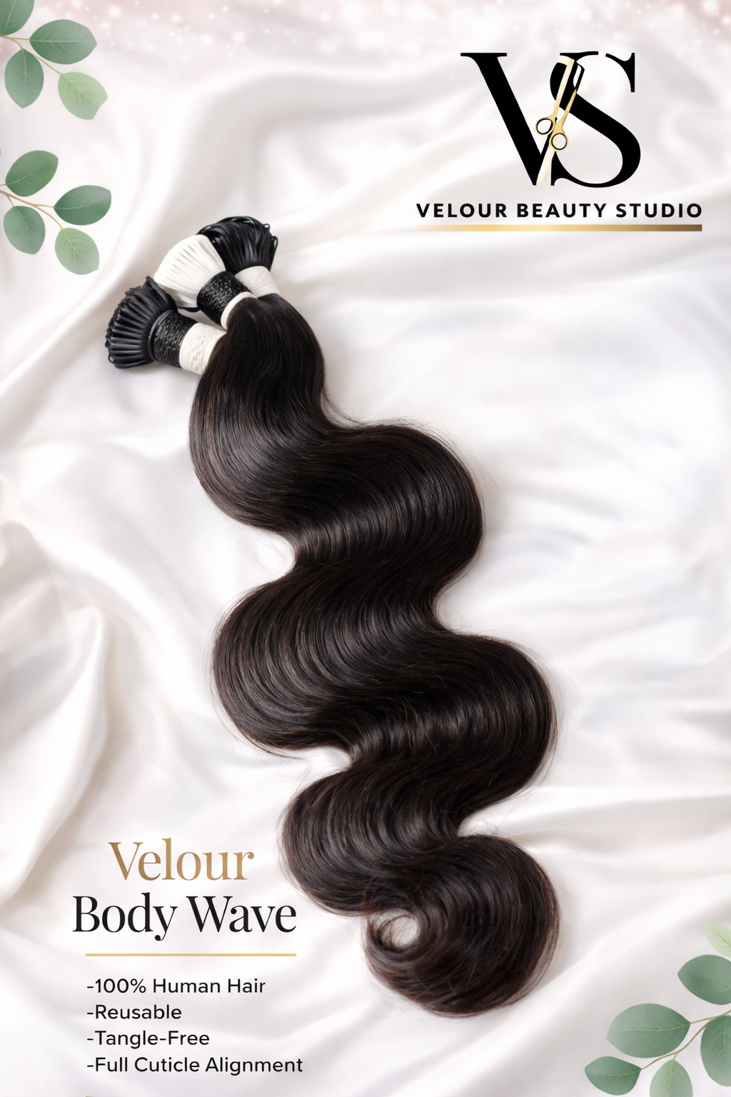 Long, wavy, dark brown hair extension bundle on white satin fabric, with branding and product details for Velour Body Wave hair from Velour Beauty Studio.