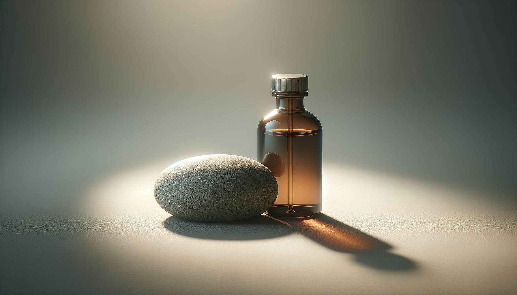 A glass bottle with a white cap and a smooth gray stone, placed on a flat surface with soft lighting creating shadows.