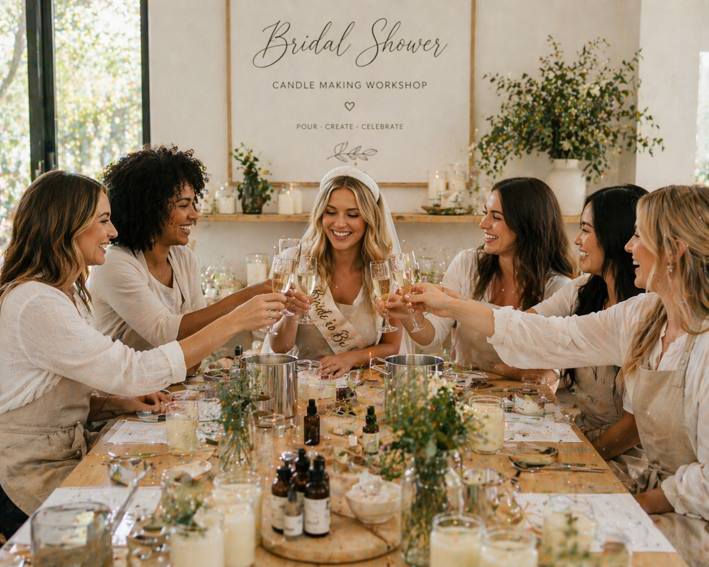 Group of women celebrating at a bridal shower candle making workshop, raising glasses of champagne in a toast, with a decorated table and a large sign that reads 'Bridal Shower Candle Making Workshop' in the background.