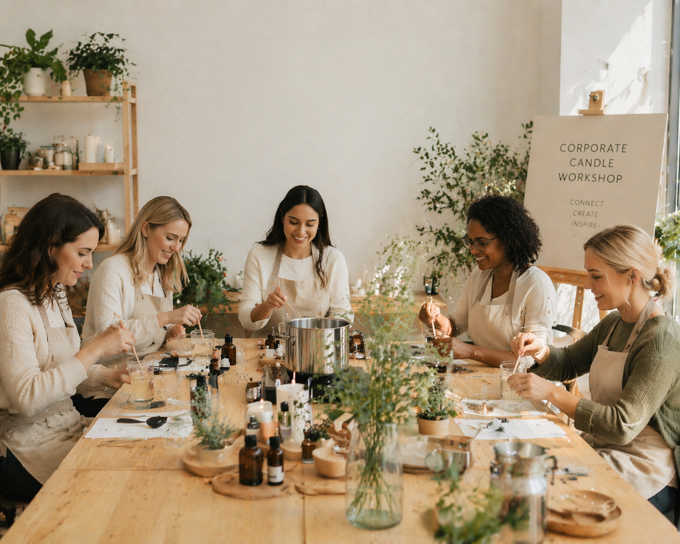 Women participating in a candle-making workshop at a large wooden table with supplies and plants, smiling and working together.