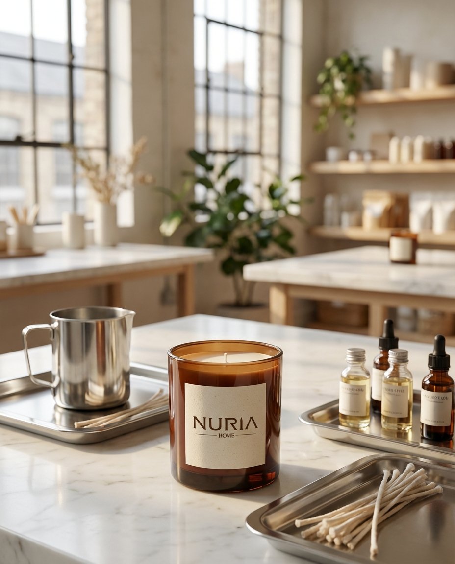 A cozy, naturally lit room with wooden shelves, vases, and decor items. In the foreground, a marble countertop holds a brown candle labeled 'Nuria Home', small bottles, a metal tray with white cotton swabs, and a metal pitcher.