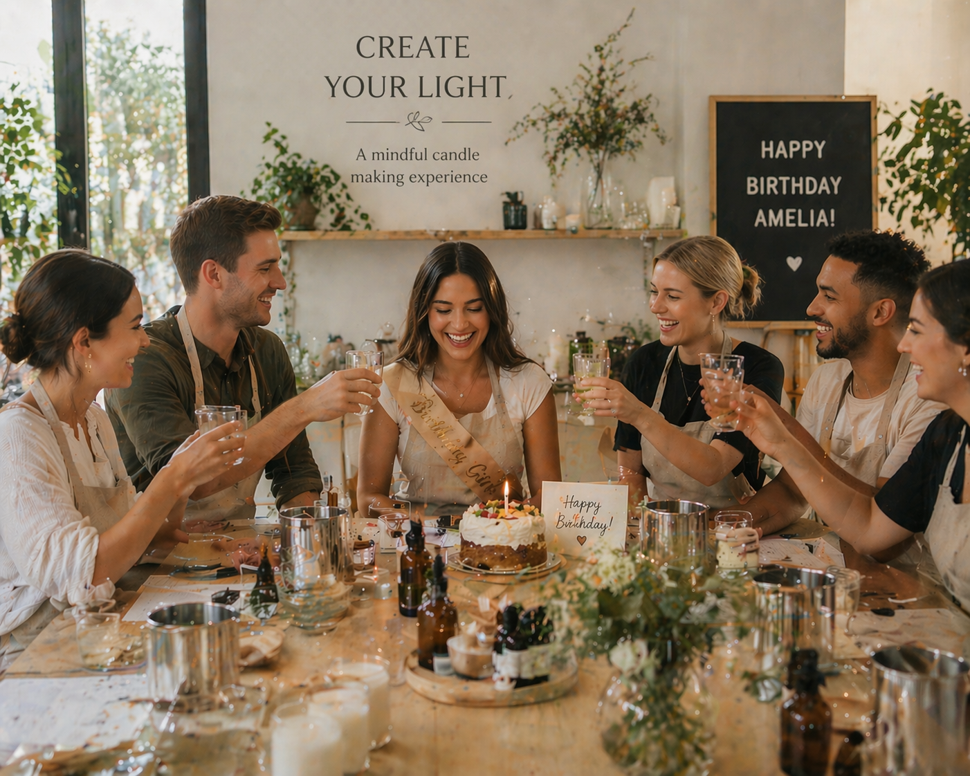 A group of people celebrating a birthday with a cake, toasting with drinks, at a decorated party table with flowers and candles, in a cozy indoor setting.