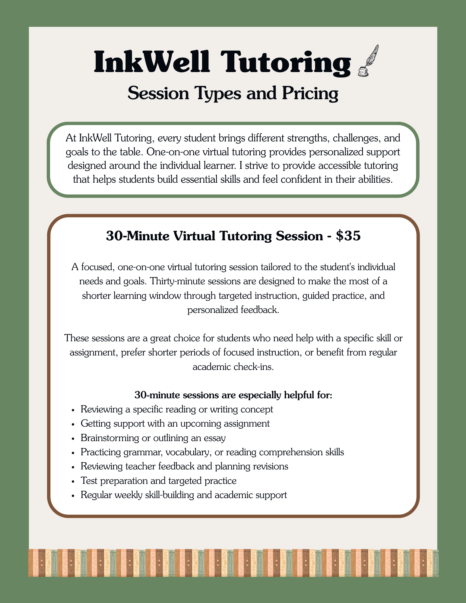 Informational flyer for InkWell Tutoring with details on session types, pricing, and benefits, decorated with a book border at the bottom.