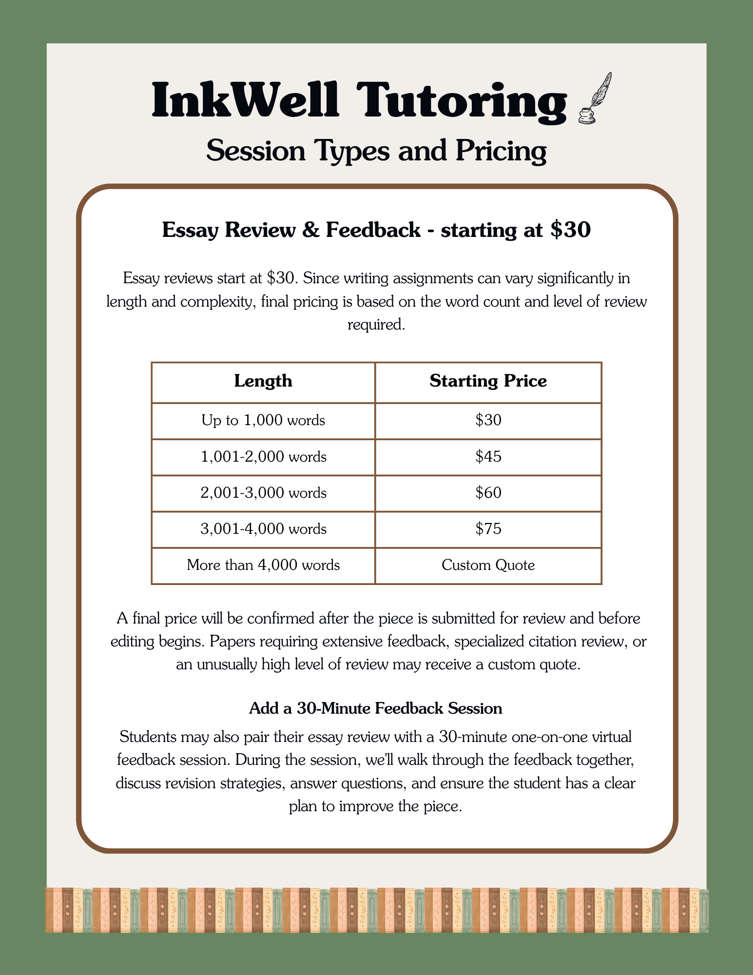 Information about InkWell Tutoring's session types and pricing, including essay review prices based on word count, and details on adding a feedback session.