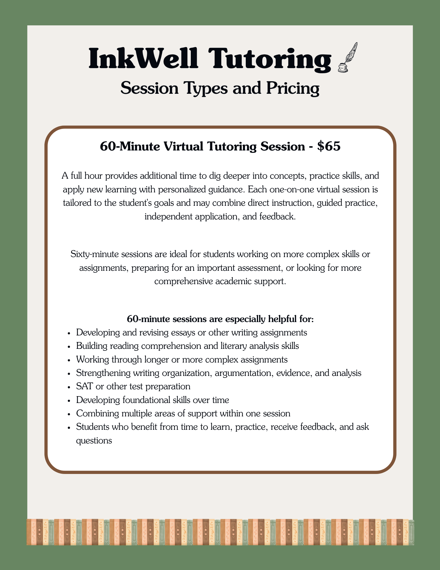 A flyer for InkWell Tutoring detailing session types and pricing, with a green background and a decorative book border at the bottom.