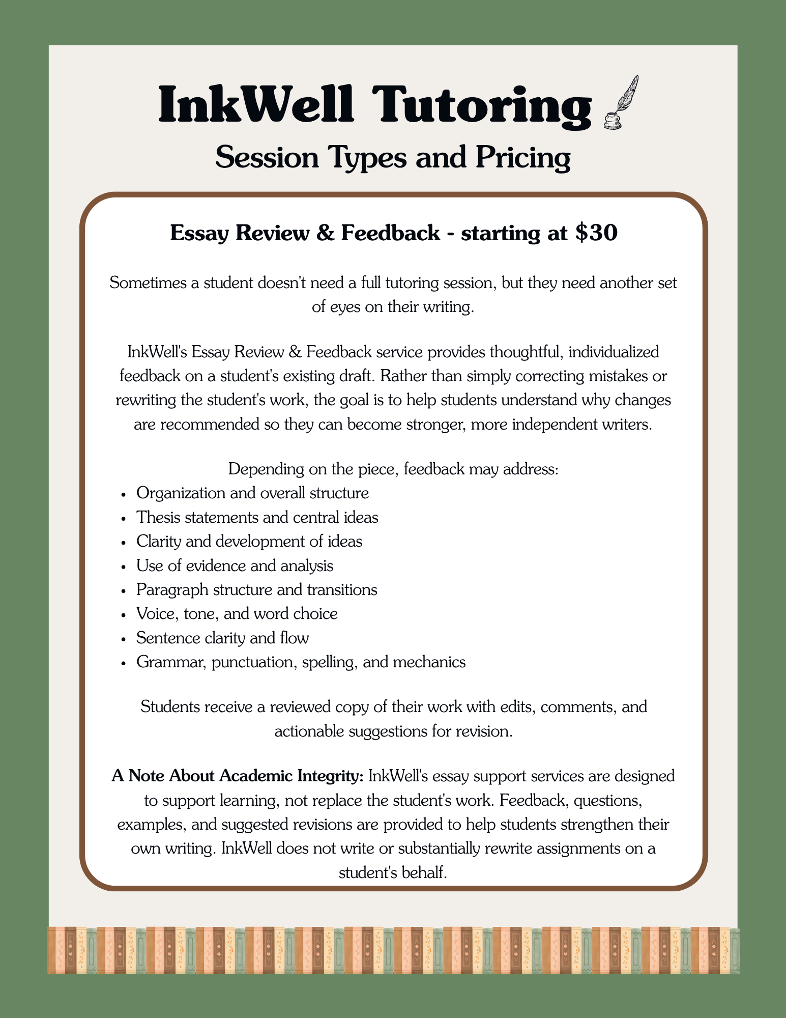 A tutorial page from InkWell about essay review and feedback services, detailing session types and pricing, with decorative book spines border at the bottom.