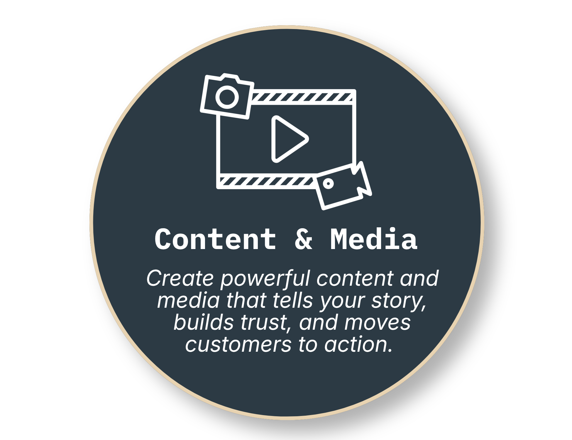Dark blue circular badge with white line art of a video camera and play button, and text promoting content and media creation.