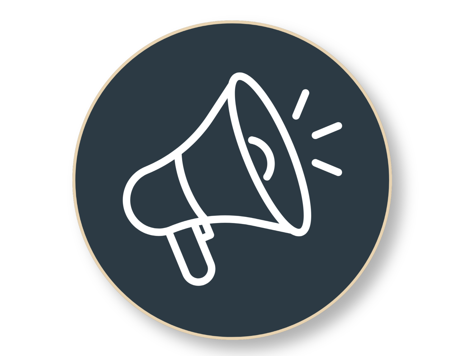 Icon of a megaphone emitting sound waves, with a dark background and a beige circular border.