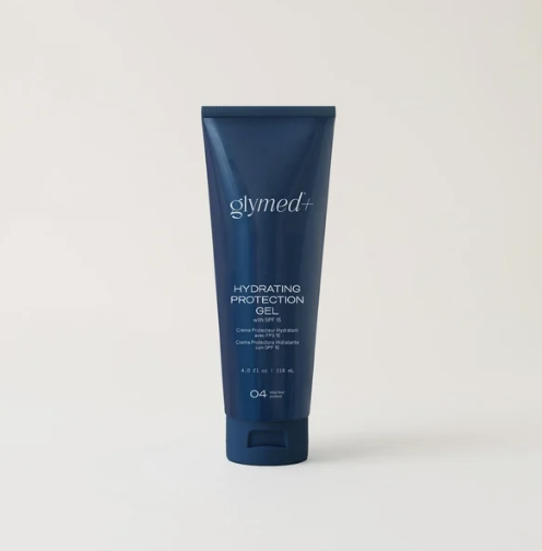 Blue tube of GLYMED Hydrating Protection Gel with SPF 15 on a white background.