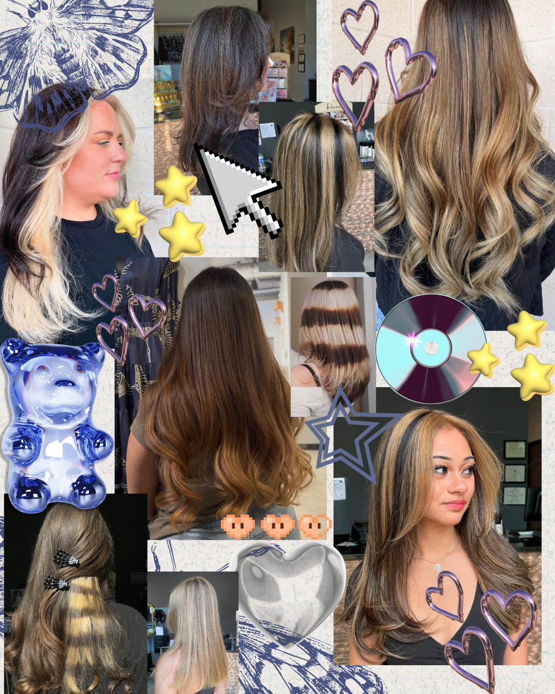 A collage of various women with different hairstyles, including straight, wavy, and highlighted hair, with decorative elements like hearts, stars, a bear figure, a compact disc, and digital icons.