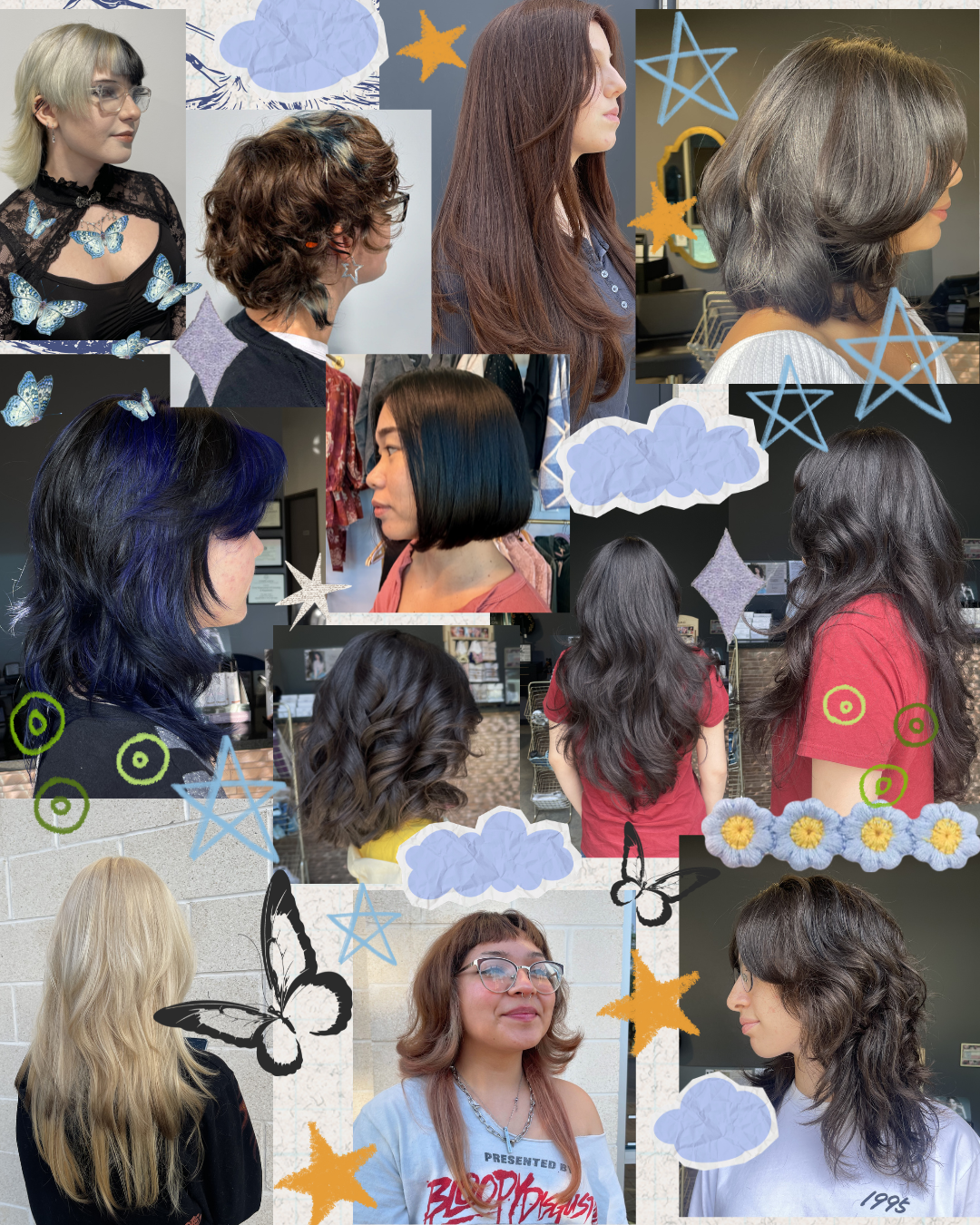 Collection of various women with different hairstyles, showcasing haircuts and hair colors, with playful doodles of clouds, stars, butterflies, and other decorative elements overlaid.